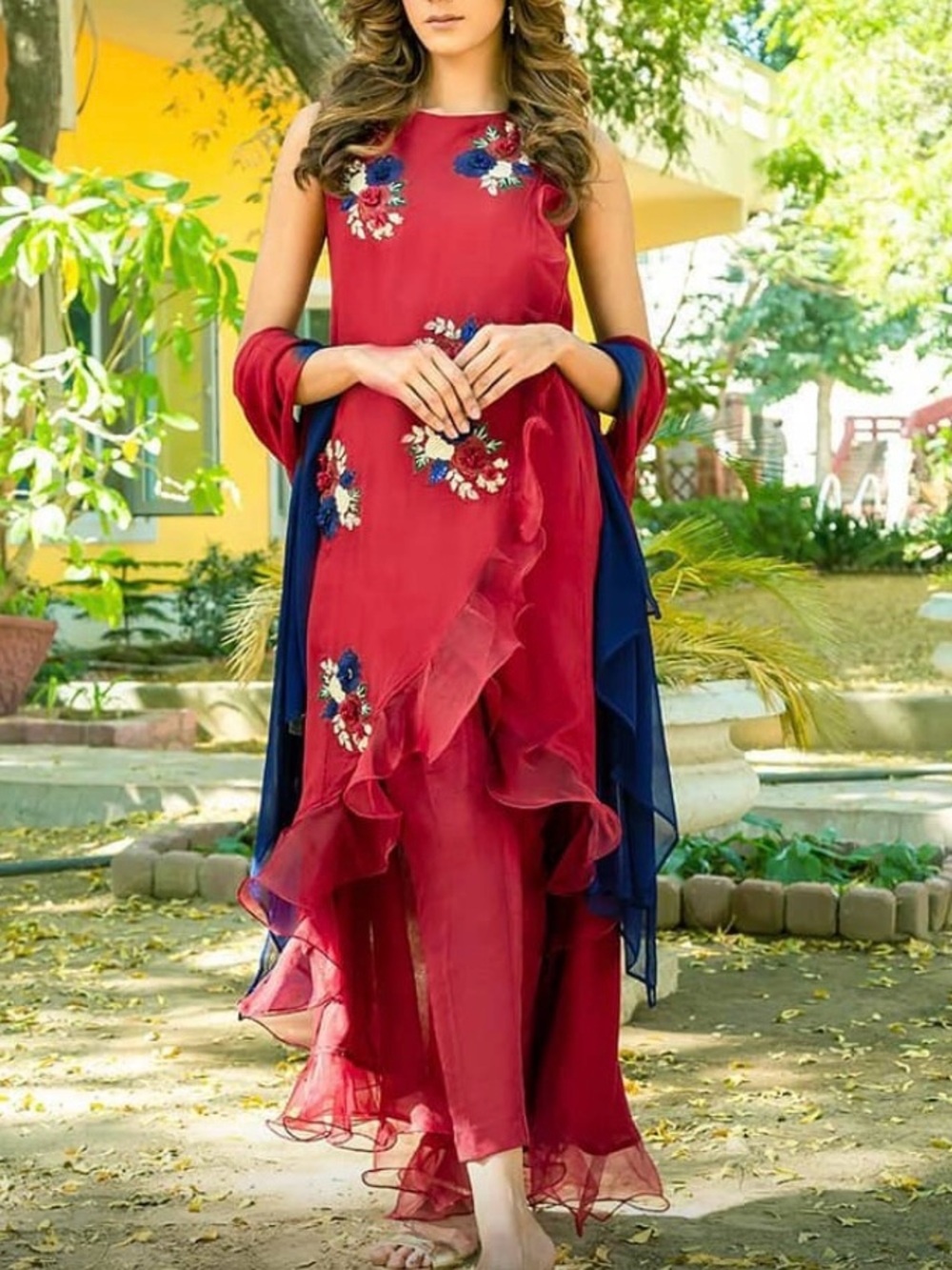 Elegant maroon Ruffle Evening Dress with shaded dupatta and matching pants